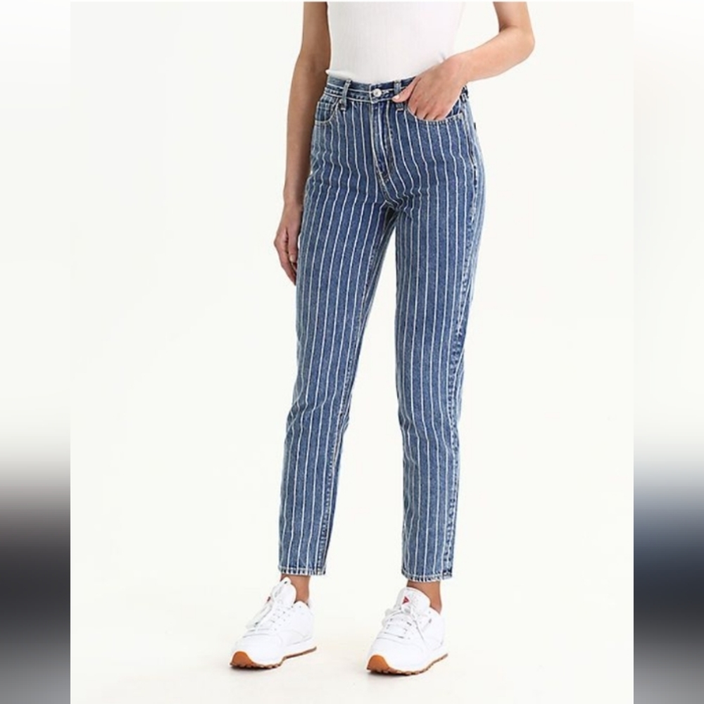 AMERICAN EAGLE Vintage Women's Stretch Striped Blue Denim Mom Jeans Size 14